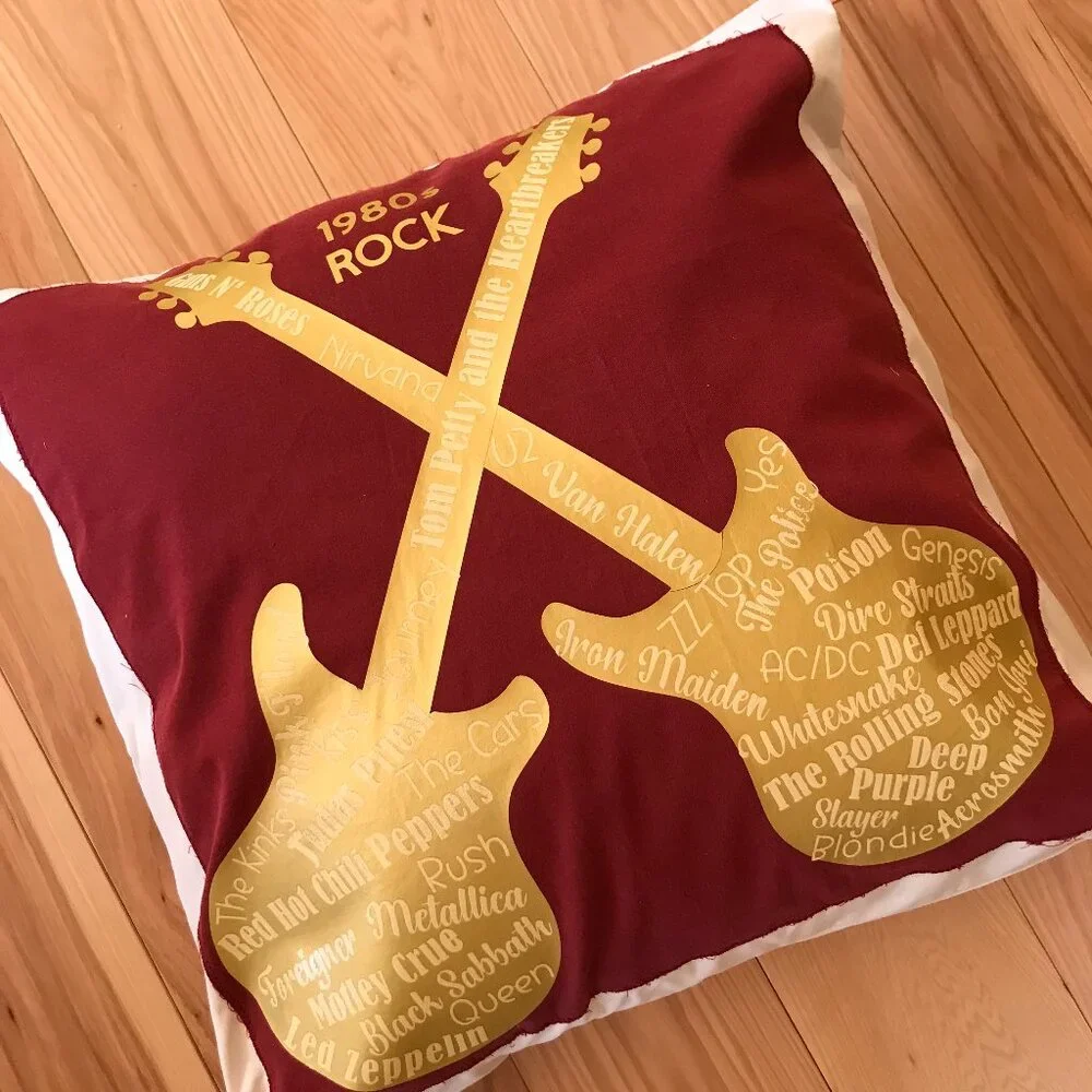 Handmade Pillow Cover, 1980s Rock Bands Guitars Music Room Decor 18 x 18 inches